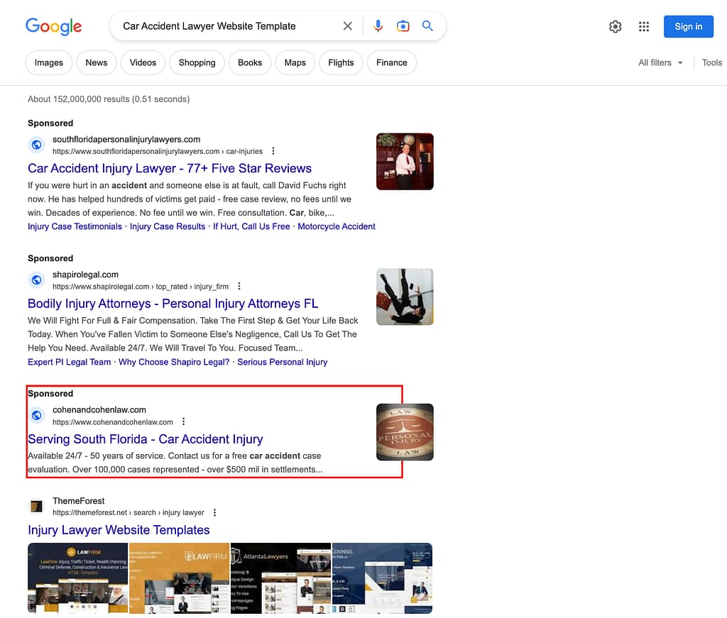 Cohen & Cohen Law, a Florida based personal injury law firm, has ads showing for irrelevant searches. Pictured is their ad for the search "Car Accident Lawyer Website Template".