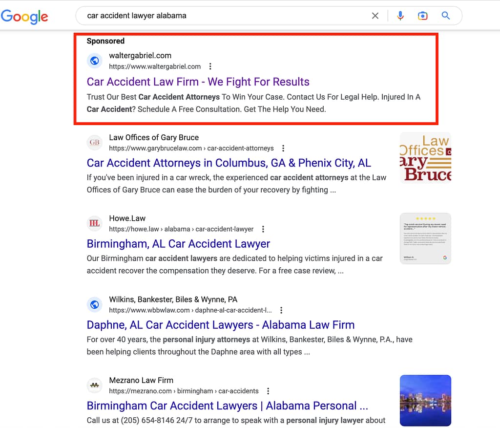 Law Firm of Walter Gabriel, a Georgia based personal injury law firm, has ads showing for irrelevant searches. Pictured is their ad for the search "Car Accident Lawyer Alabama".