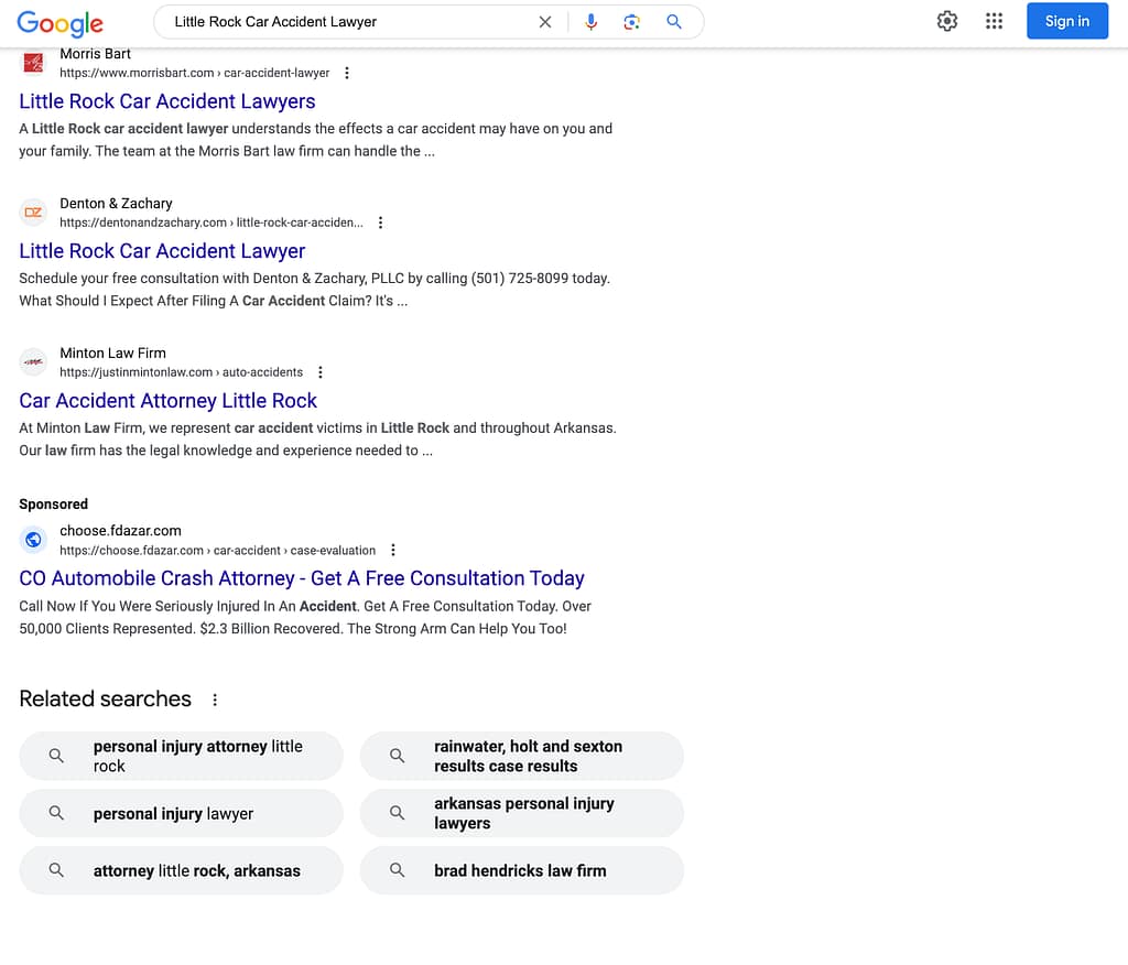 Franklin D. Azar & Associates, a Colorado based personal injury law firm, has ads showing for irrelevant searches. Pictured is their ad for the search "Little Rock Car Accident Lawyer”.
