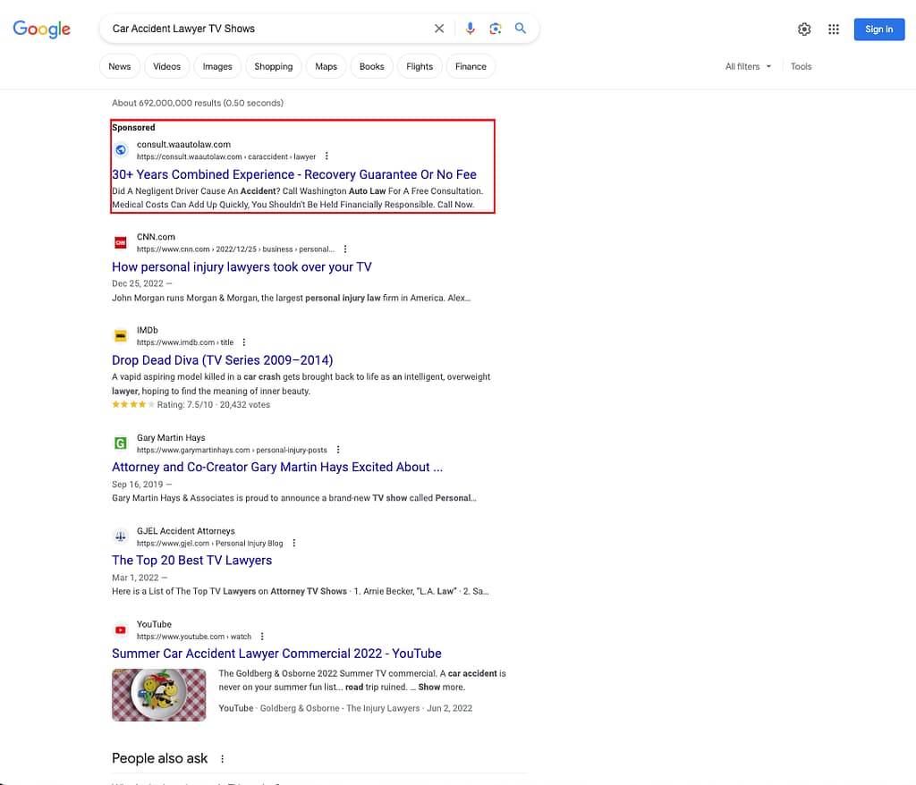 Washington Auto Law, a Washington based personal injury law firm, has ads showing for irrelevant searches. Pictured is their ad for the search “Car Accident Lawyer TV Shows”.