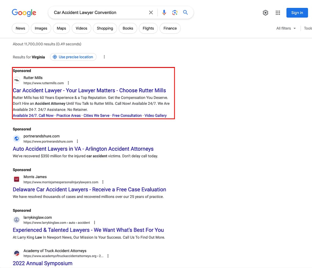 Rutter Mills, a Virginia based personal injury law firm, has ads showing for irrelevant searches. Pictured is their ad for the search "Car Accident Lawyer Convention".