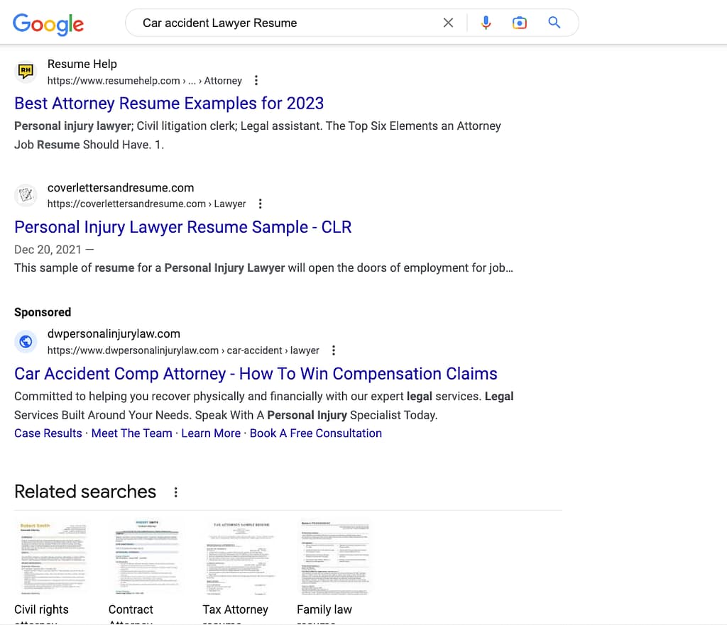 Donaldson & Weston, a Florida based personal injury law firm, has ads showing for irrelevant searches. Pictured is their ad for the search "Car Accident Lawyer Resume".