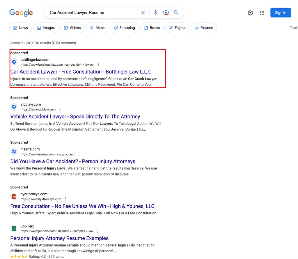 Bottlinger Law, a Nebraska based personal injury law firm, has ads showing for irrelevant searches. Pictured is their ad for the search “Car Accident Lawyer Resume”.