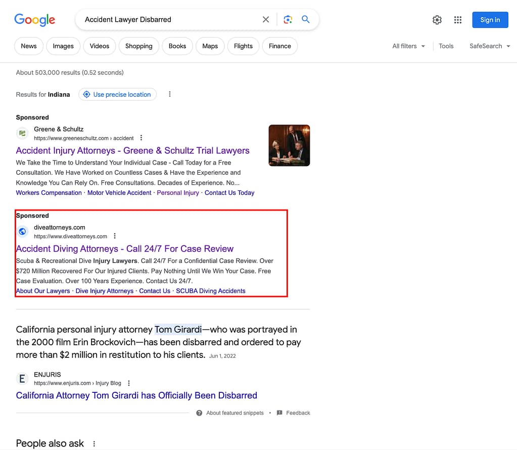 Schechter Shaffer & Harris, a diving accident law firm, had ads showing for irrelevant searches. Pictured is their ad for the search "Accident Lawyer Disbarred".