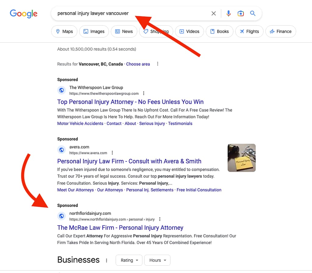The McRae Law Firm, a Florida based personal injury law firm, has ads showing for irrelevant searches. Pictured is their ad for the search "Personal Injury Lawyer Vancouver".
