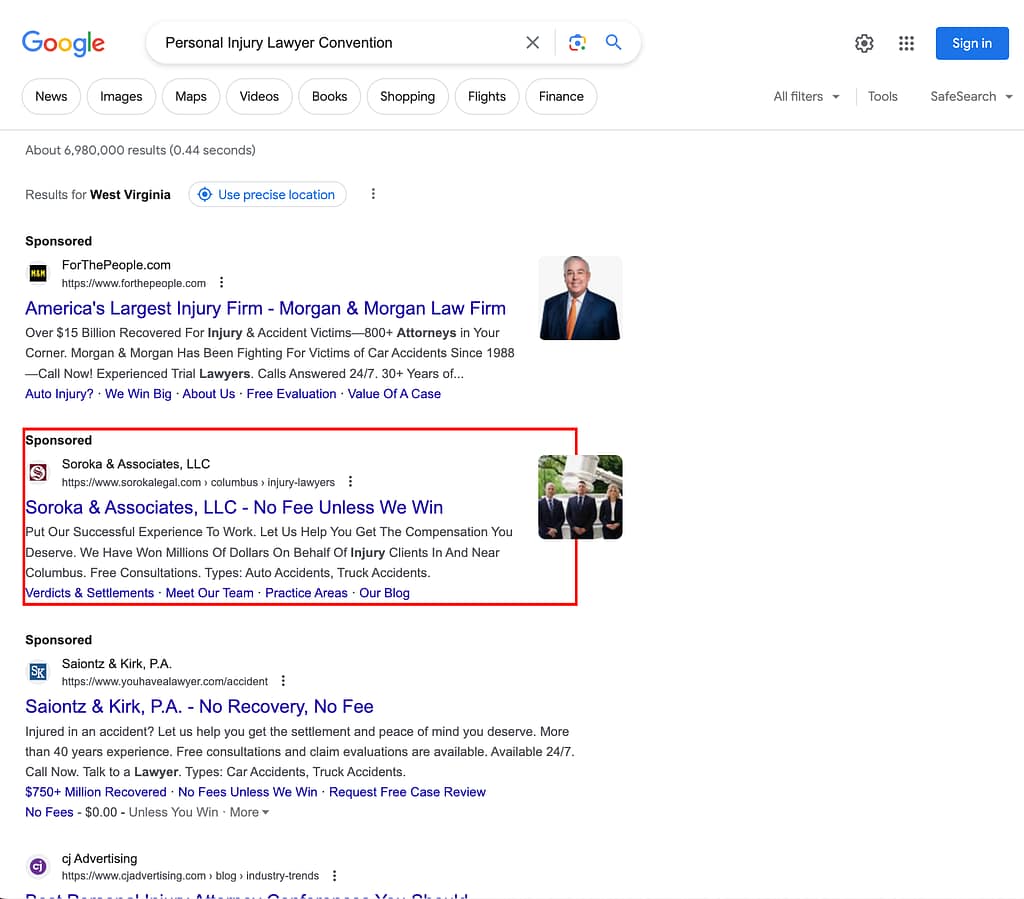Soroka & Associates, a West Virginia based personal injury law firm, has ads showing for irrelevant searches. Pictured is their ad for the search “Personal Injury Lawyer Convention”.