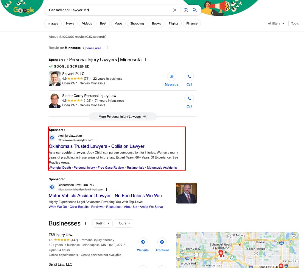 Chiaf Law's ads are being triggered by a wholly irrelevant search of " Accident Lawyer MN". The firm is not licensed or practicing in Minnesota