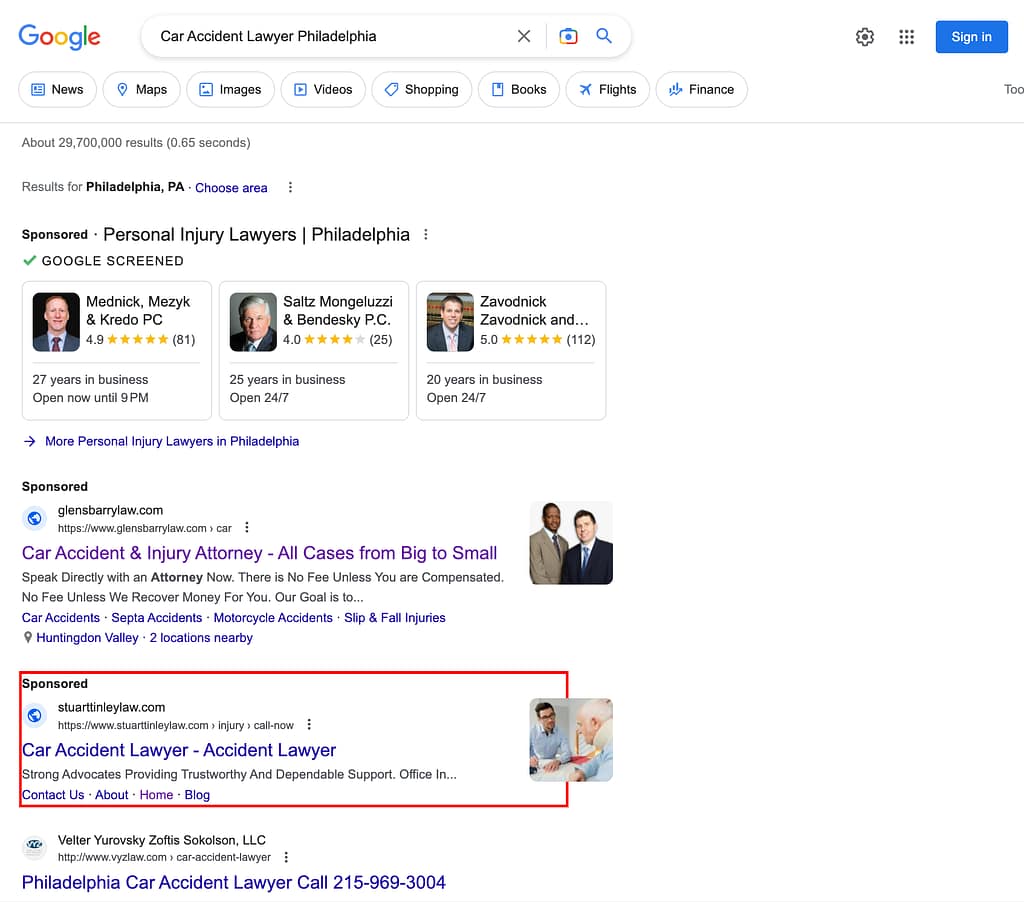 Stuart Tinley, an Iowa based personal injury law firm, has ads showing for irrelevant searches. Pictured is their ad for the search "Car Accident Lawyer Philadelphia".