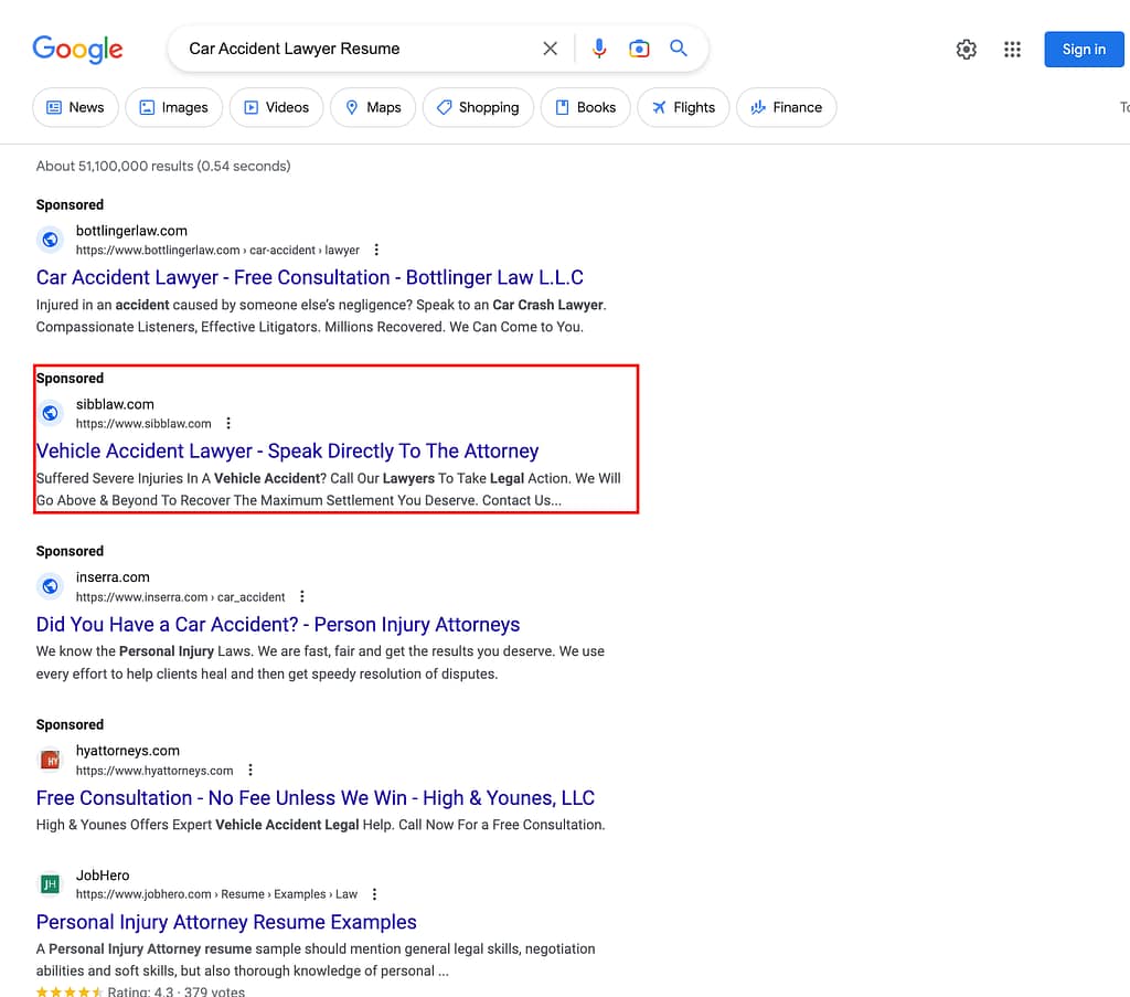 Sibbernsen Law Firm, a Nebraska based personal injury law firm, has ads showing for irrelevant searches. Pictured is their ad for the search “Car Accident Lawyer Resume".