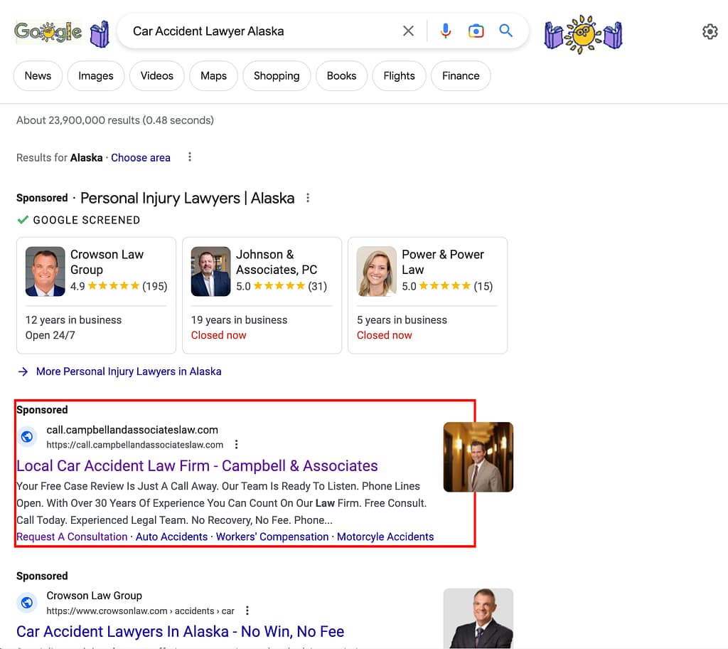 Campbell & Associates is a law firm serving North and South Carolina, appears in ad for Alaskan car accident lawyers.