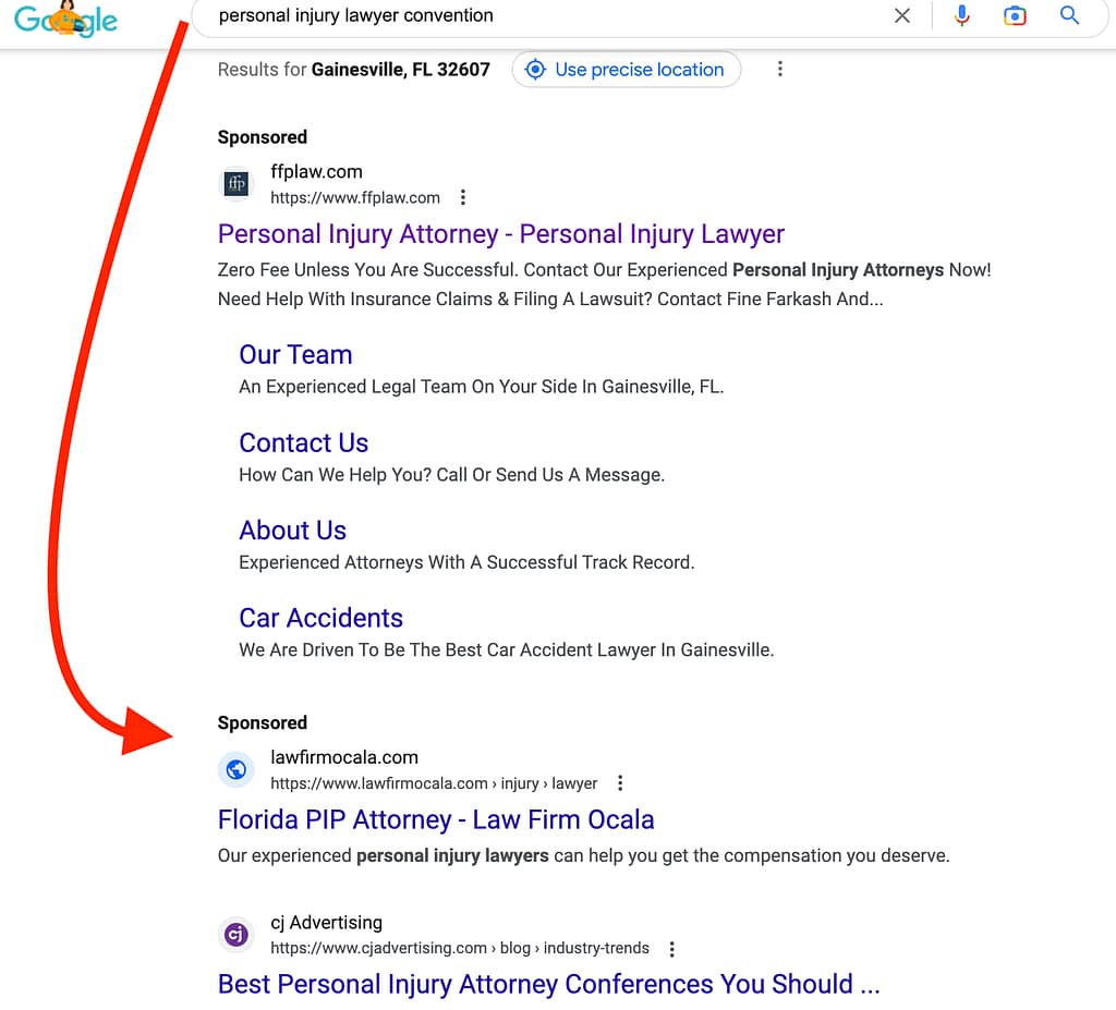 Law Firm Ocala, a Florida based personal injury law firm, has ads showing for irrelevant searches. Pictured is their ad for the search "Personal Injury Lawyer Convention".