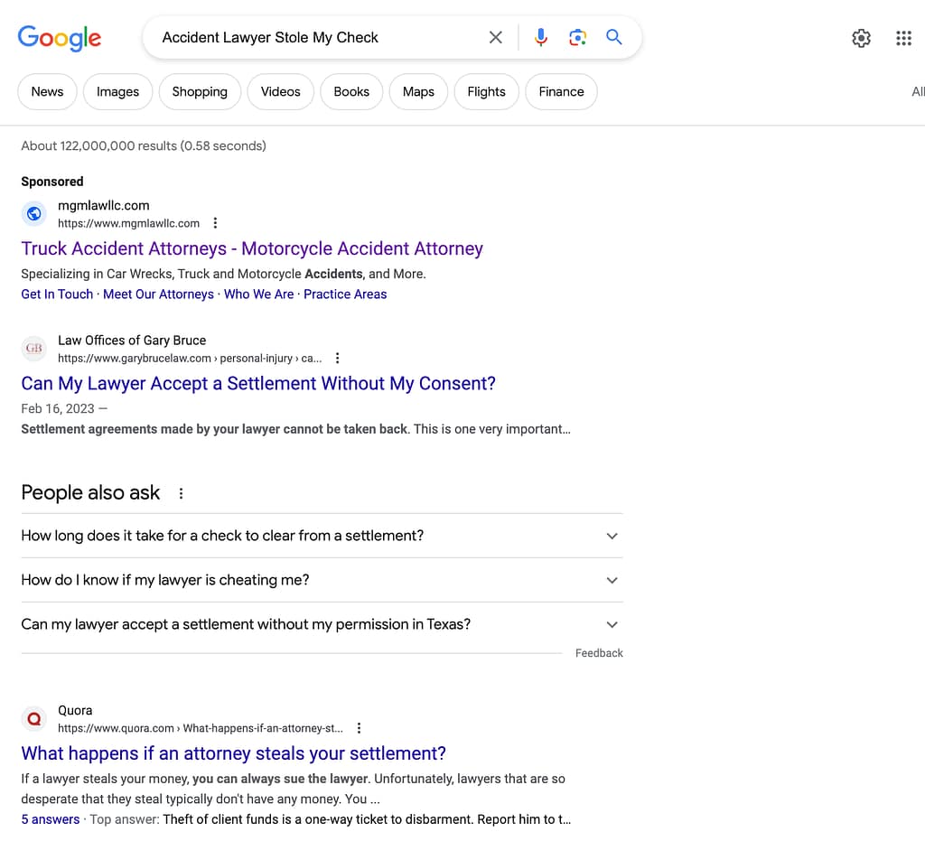 Morrow Gates & Morrow, a Louisiana based personal injury law firm, has ads showing for irrelevant searches. Pictured is their ad for the search "Accident Lawyer Stole My Check".
