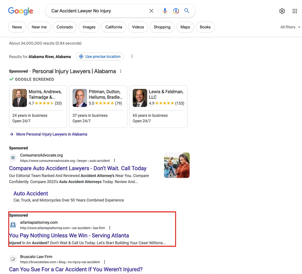 Henningsen Injury Attorneys, a Georgia based personal injury law firm, has ads showing for irrelevant searches. Pictured is their ad for the search "Car Accident Lawyer No Injury” with the location set in Alabama.