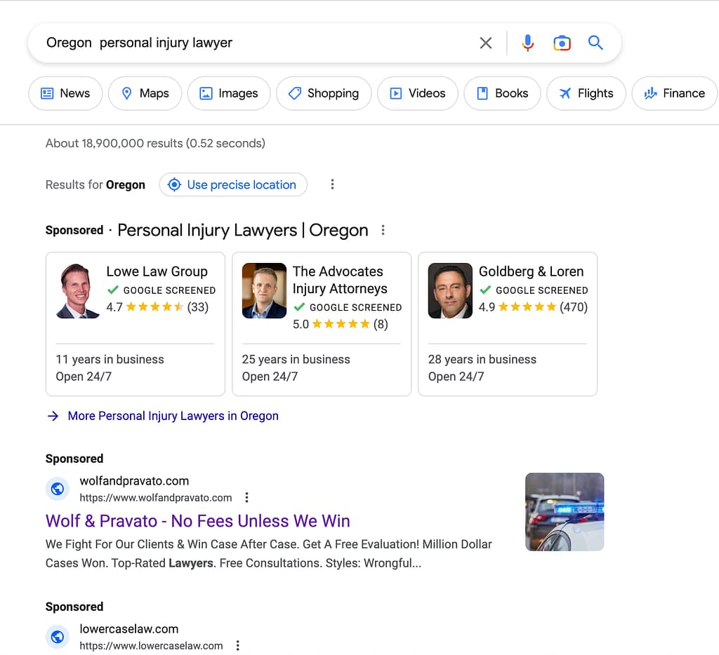 Wolf & Pravato, a Florida based personal injury law firm, has ads showing for irrelevant searches. Pictured is their ad for the search "Oregon Personal Injury Lawyer".