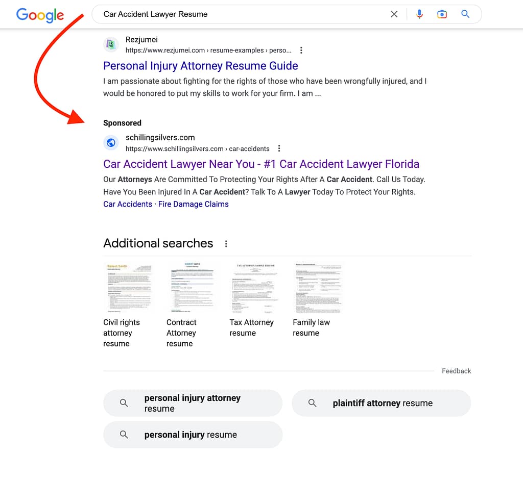 Schilling & Silvers, a Florida based personal injury and property damage law firm, has ads showing for irrelevant searches. Pictured is their ad for the search "Car Accident Lawyer Resume".