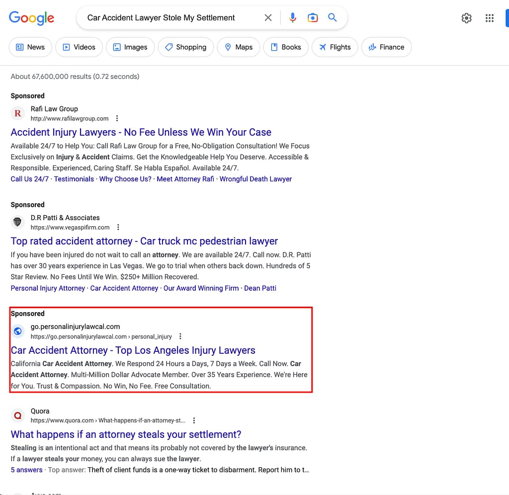 Nadrich & Cohen, a California based personal injury law firm, has ads showing for irrelevant searches. Pictured is their ad for the search "Car Accident Lawyer Stole My Settlement".