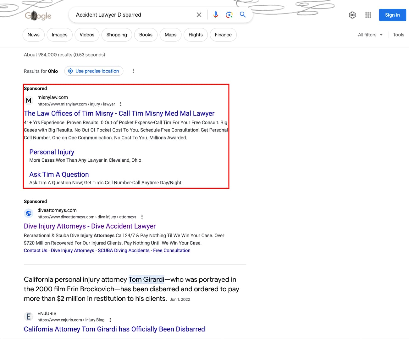Law Offices of Tim Misny appears when searching for disbarred lawyers