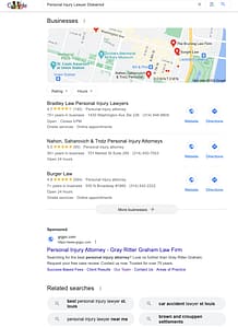 Gray Ritter Graham, a Missouri based personal injury law firm, has ads showing for irrelevant searches. Pictured is their ad for the search “Personal Injury Lawyer Disbarred”.