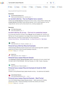 D.R. Patti & Associates, a Nevada based personal injury law firm, has ads showing for irrelevant searches. Pictured is their ad for the search "Car Accident Lawyer Resume".