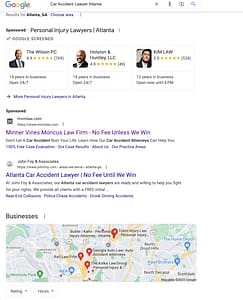 Minner Vines Moncus Injury Lawyers, an Alabama based personal injury law firm, has ads showing for irrelevant searches. Pictured is their ad for the search "Car Accident Lawyer Atlanta”.