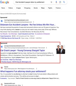 Young Conaway Stargatt & Taylor, a Delaware based personal injury law firm, has ads showing for irrelevant searches. Pictured is their ad for the search "Car Accident Lawyer Stole My Settlement".