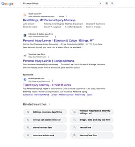 Ernest M. Jenks, an Oregon based personal injury law firm, has ads showing for irrelevant searches. Pictured is their ad for the search "PI Lawyer Billings".
