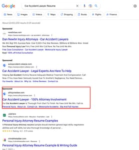 Legler Murphy & Battaglia, a Florida based personal injury law firm, has ads showing for irrelevant searches. Pictured is their ad for the search "Car Accident Lawyer Resume".