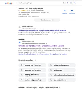 Williams & Yoho, a Florida based personal injury law firm, has ads showing for irrelevant searches. Pictured is their ad for the search "New Hampshire PI Lawyer".