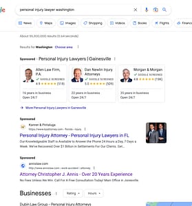 Law Office of Christopher J. Annis, a Florida based personal injury and workers compensation law firm, has ads showing for irrelevant searches. Pictured is their ad for the search "Personal Injury Lawyer Washington".