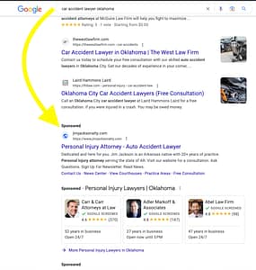 Jackson Law Firm, an Arkansas based personal injury law firm, has ads showing for irrelevant searches. Pictured is their ad for the search "Car Accident Lawyer Oklahoma".