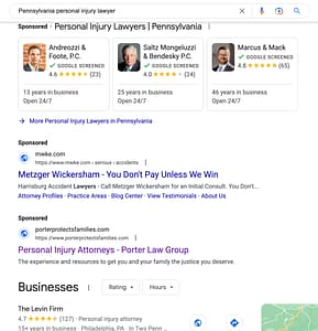 Porter Law Group, a New York based personal injury law firm, has ads showing for irrelevant searches. Pictured is their ad for the search "Pennsylvania Personal Injury Law".