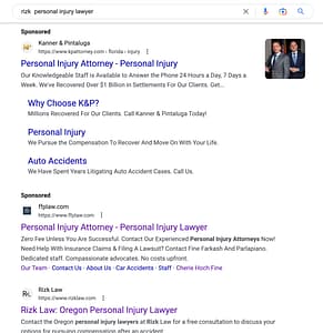 Fine, Farkash & Parlapiano, a Florida based personal injury law firm, has ads showing for irrelevant searches. Pictured is their ad for the search "Rizk Personal Injury Lawyer".