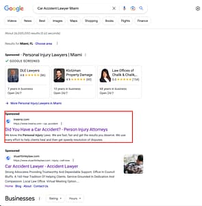 Inserra Kelley Sewell, a Nebraska based personal injury law firm, has ads showing for irrelevant searches. Pictured is their ad for the search “Car Accident Lawyer Miami".