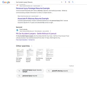 Pond Lehocky, a Pennsylvania based workers compensation law firm, has ads showing for irrelevant searches. Pictured is their ad for the search "Car Accident Lawyer Resume".