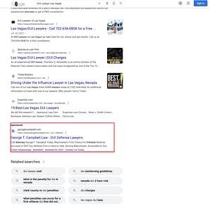 George Campbell, a New Hampshire based criminal defense law firm, has ads showing for irrelevant searches. Pictured is their ad with the search "DUI Lawyer Las Vegas".