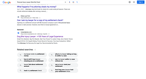 Ross & Pines, a Georgia based personal injury law firm, has ads showing for irrelevant searches. Pictured is their ad for the search "Personal Injury Lawyer Stole My Check".