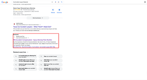 Rochlin Law Firm, a Minnesota based personal injury law firm, has ads showing for irrelevant searches. Pictured is their ad for "Car Accident Lawyer Disbarred".
