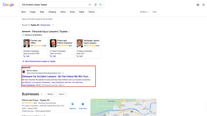 Morris James, a Delaware based personal injury law firm, has ads showing for irrelevant searches. Pictured is their ad for the search "Car Accident Lawyer Topeka".