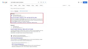 Morrison & Barnes, a Tennessee based personal injury law firm, has ads showing for irrelevant searches. Pictured is their ad for the search "Car Accident Lawyer Convention".