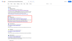 Jonna Spilbor Law, a New York based personal injury law firm, has ads showing for irrelevant searches. Pictured is their ad for the search "Car Accident Lawyer Lied About Settlement Amount".