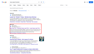 Bolt Law Firm, a Minnesota based personal injury law firm, has ads showing for irrelevant searches. Pictured is their ad for the search "Injury Lawyer Convention".