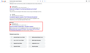 Parke Gordon Law, an Idaho based personal injury law firm, has ads showing for irrelevant searches. Pictured is their ad for the search "Get My Accident Lawyer Disbarred".