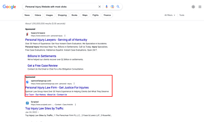 Spencer Law Group, a Kentucky based personal injury law firm, has ads showing for irrelevant searches. Pictured is their ad for the search "Personal Injury Website With Most Clicks".