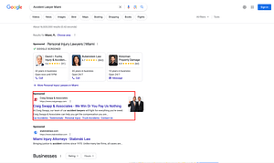 Craig Swapp & Associates, an Idaho based personal injury law firm, has ads showing for irrelevant searches. Pictured is their ad for the search "Accident Lawyer Miami".