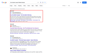 Cook, Bradford & Levy, a Colorado based personal injury law firm, has ads showing for irrelevant searches. Pictured is their ad for the search "Car Accident Lawyer Website Sample”.