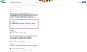Conner, Marr & Pinski, a Montana based personal injury law firm, has ads showing for irrelevant searches. Pictured is their ad for the search "Personal Injury Lawyer Disbarred".