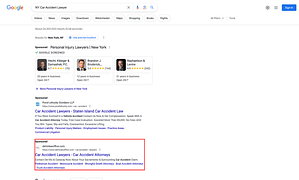 Del Rio & Caraway, a California based personal injury law firm, has ads showing for irrelevant searches. Pictured is their ad for the search “NY Car Accident Lawyer”.