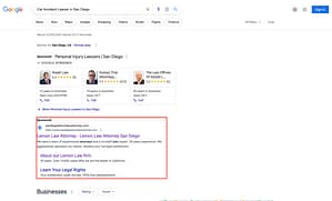 San Diego Lemon Law Attorney, a California based lemon law firm, has ads showing for irrelevant searches. Pictured is their ad for the search "Car Accident Lawyer In San Diego".