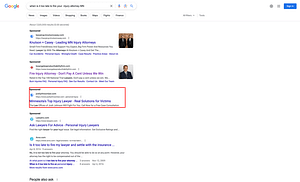 The Law Offices of Josh Johnson, a Minnesota personal injury law firm, had ads showing for irrelevant searches. Pictured is their ad for the search "When is it too late to fire your injury attorney MN".