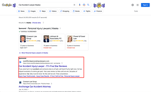 David I. Fuchs, a Florida based personal injury law firm, has ads showing for irrelevant searches. Pictured is their ad for the search "Car Accident Lawyer Alaska".